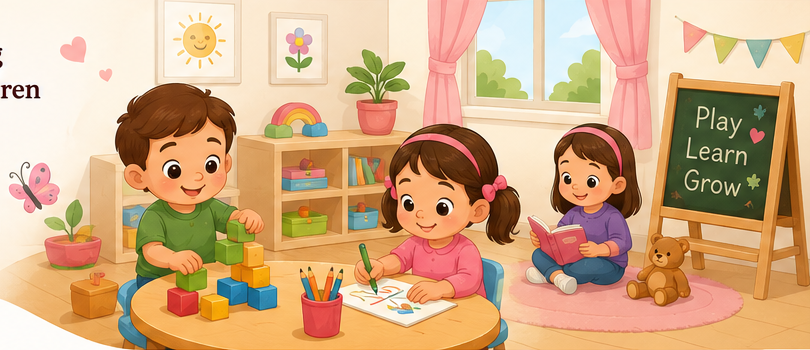Cartoon classroom with children learning and playing